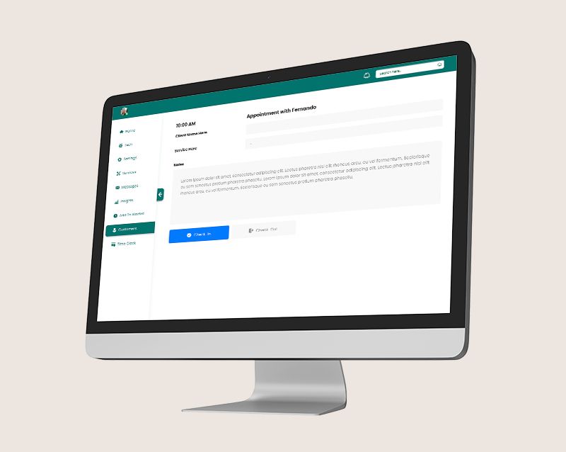 Desktop monitor showing a salon appointment details screen