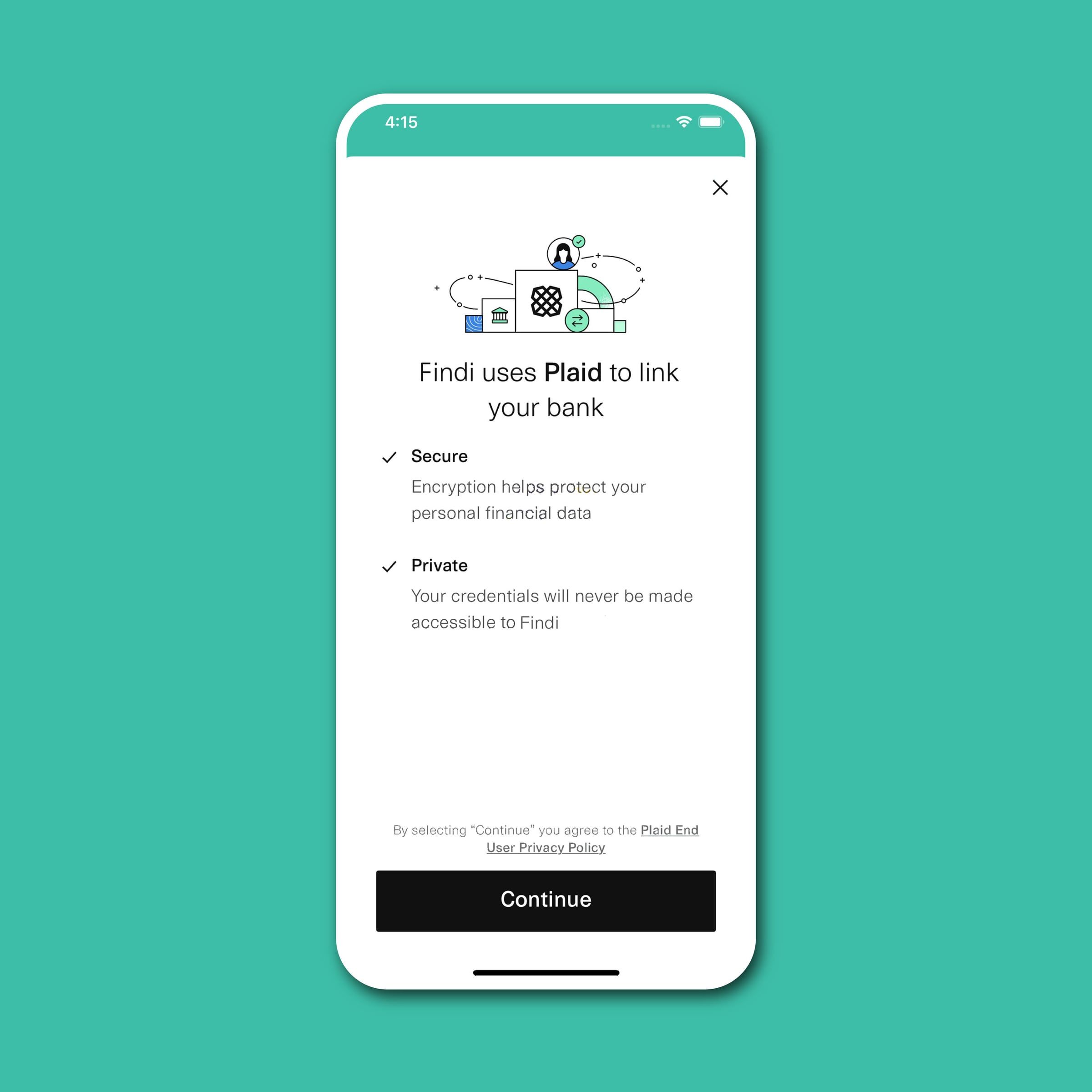 Phone showing the Findi screen for linking a bank account through Plaid
