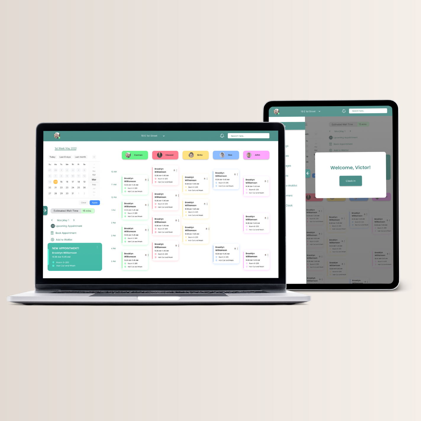 Laptop showing the booking calendar with a column per staff member, beside a tablet welcome screen