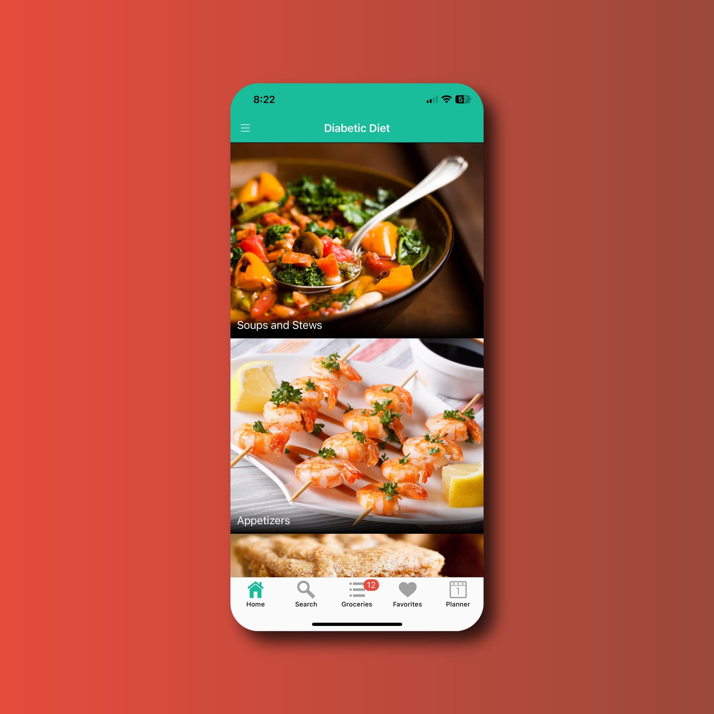 Phone showing recipe categories in the Diabetic Diet app