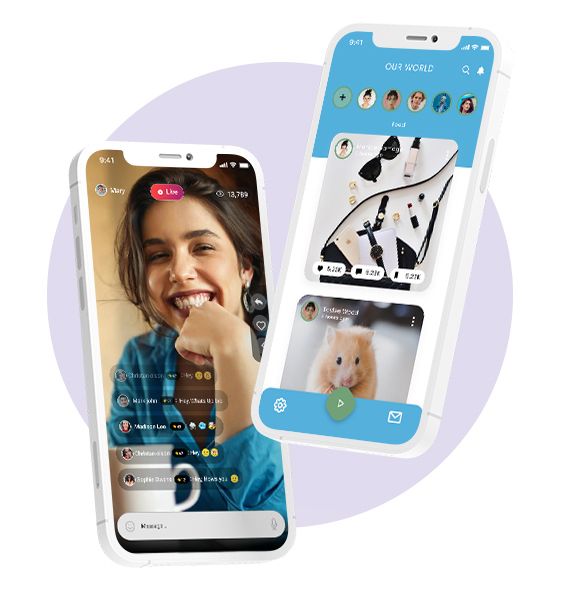 Two phones from the study app, one showing a video chat and one showing a social feed of photo posts