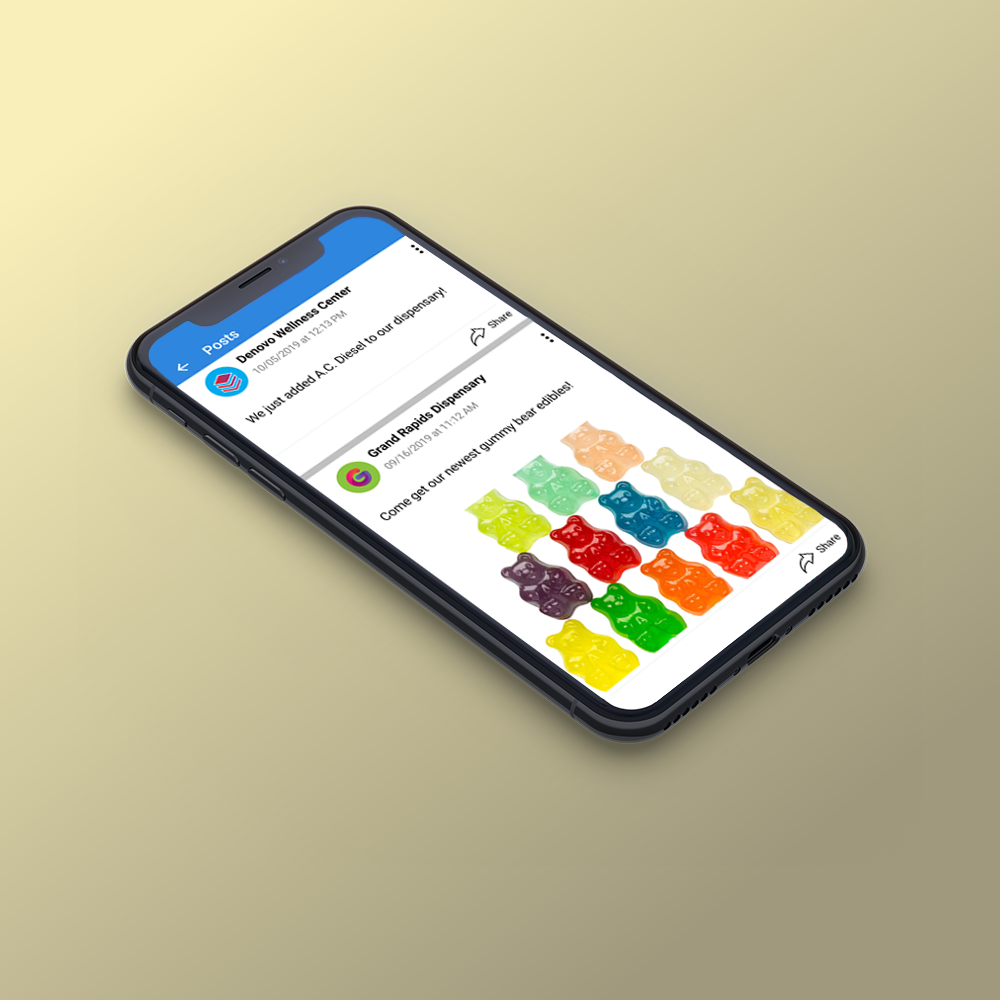 Phone showing a feed of dispensary posts in Weedi