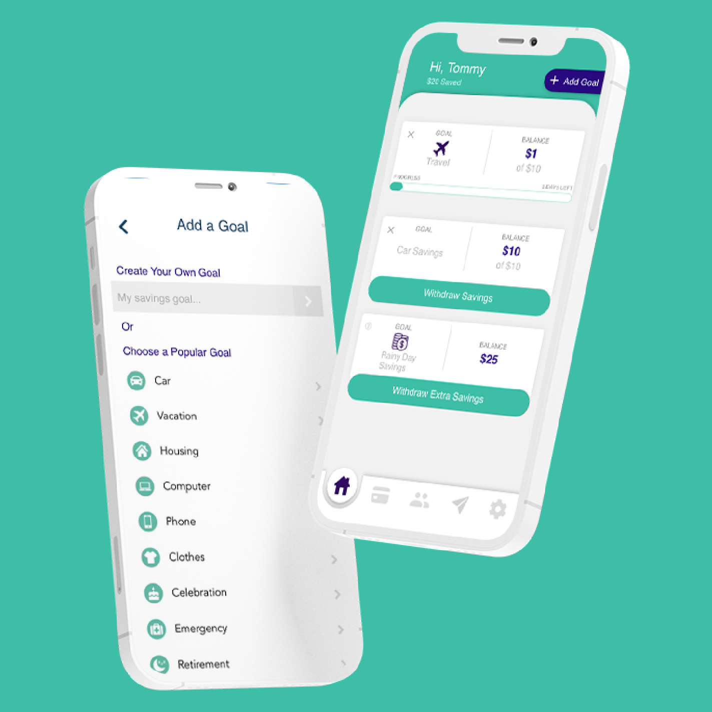 Two phones showing Findi savings goals with balances and the add a goal screen