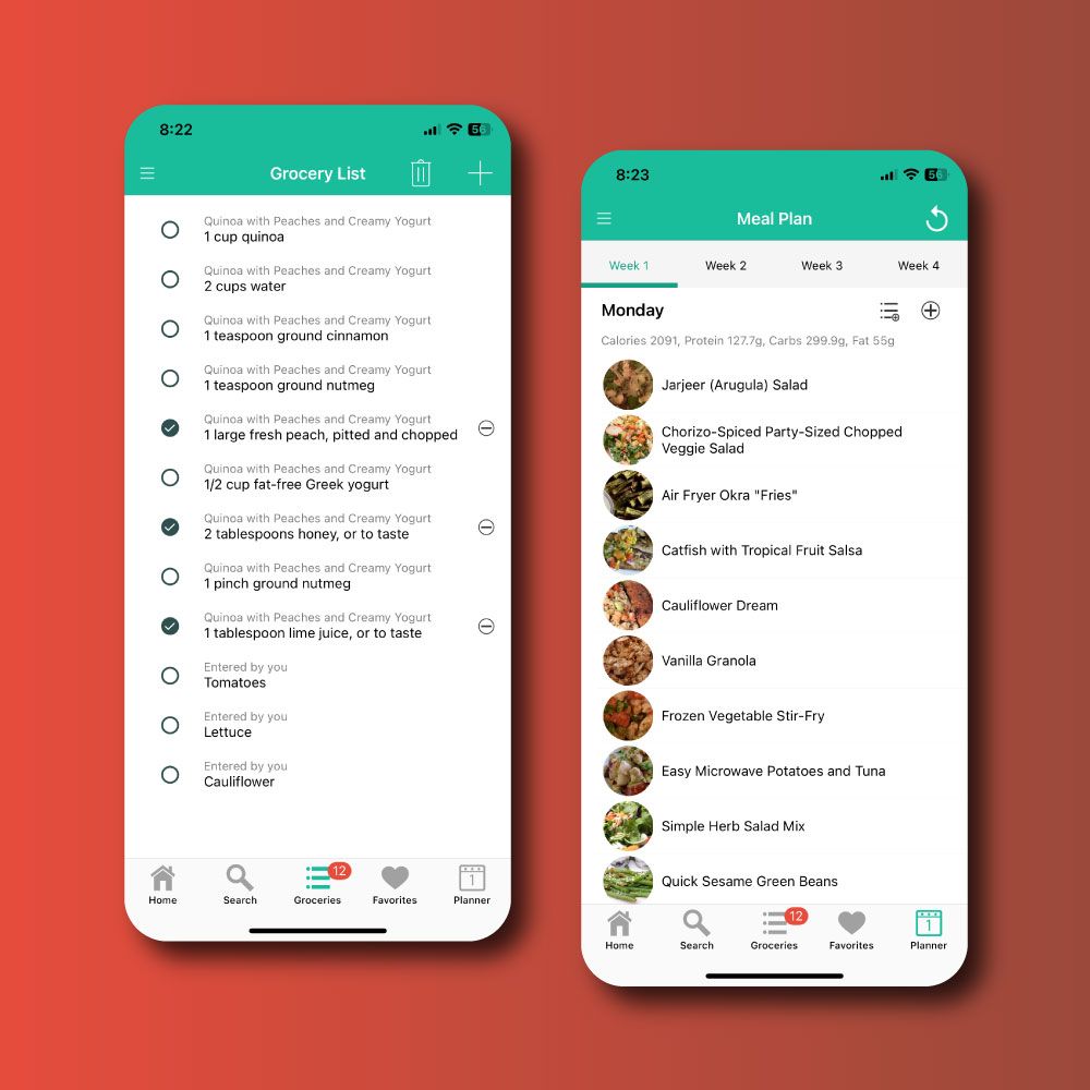 Two phones showing a grocery list and a weekly meal plan with daily calorie and macro totals