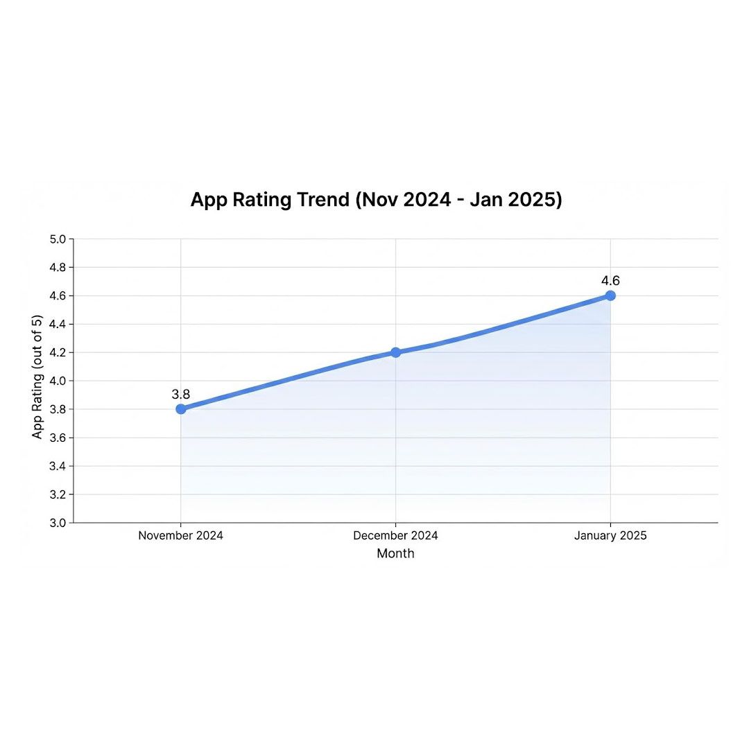 Line chart of the app rating rising from 3.8 in November 2024 to 4.2 in December and 4.6 in January 2025