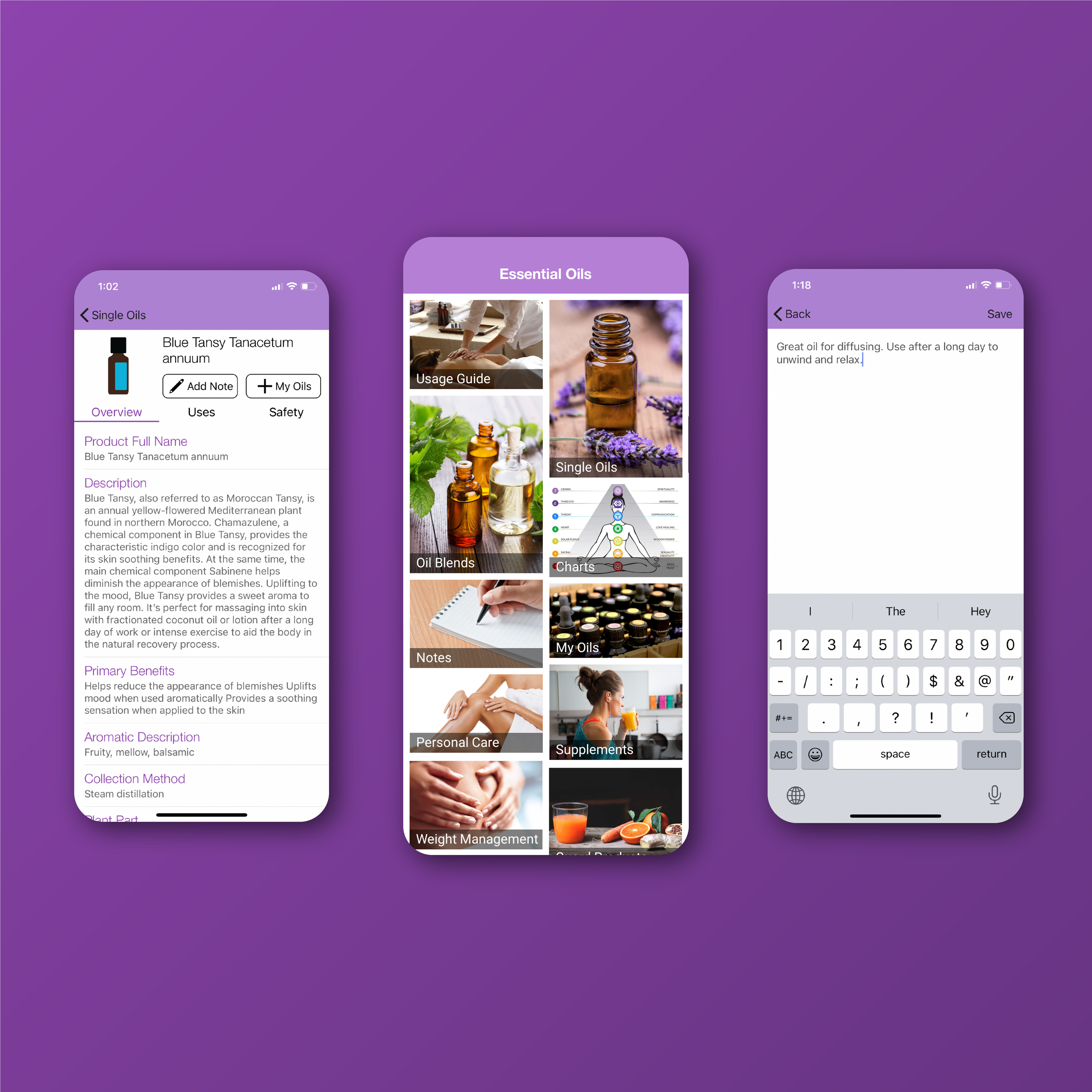 Three phones showing an essential oil detail page, the category grid, and the notes screen