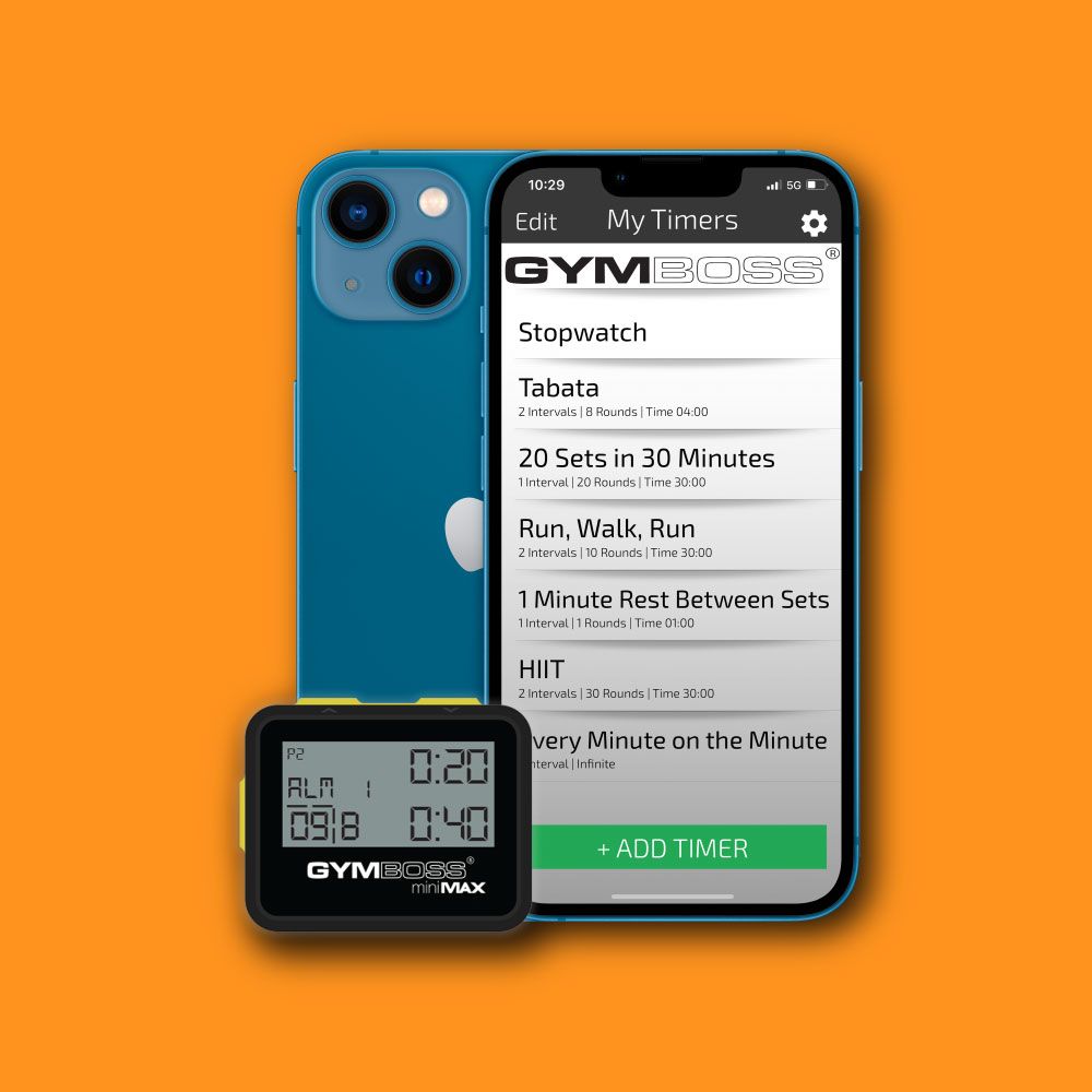 Phone showing the Gymboss list of saved timers next to a Gymboss interval timer device